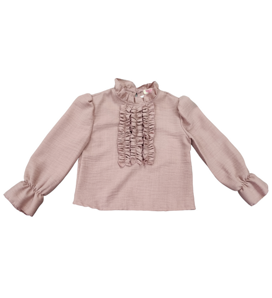 Camicia Elegante con Volant Tinta Unita Rosa Antico Bambina 3/4 - 13/14 Anni