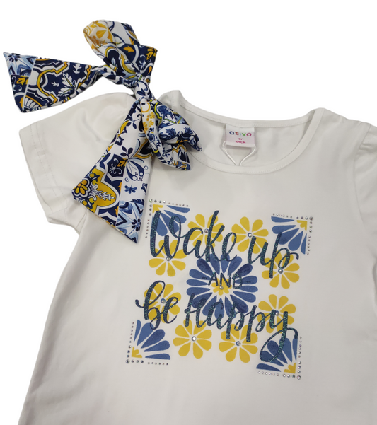 T-shirt Estiva Manica Corta con Fiocco Fantasia Positano con Stampa Bambina/Ragazza 4-14 Anni