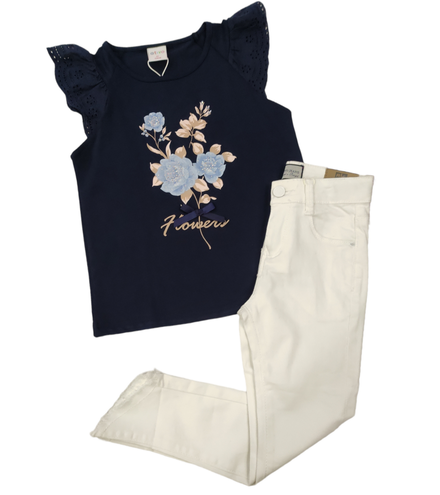T-shirt Blu Maniche Lavorate con Pizzo Stampa Floreale Bambina/Ragazza 4-14 Anni