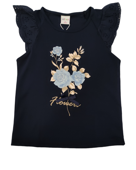 T-shirt Blu Maniche Lavorate con Pizzo Stampa Floreale Bambina/Ragazza 4-14 Anni