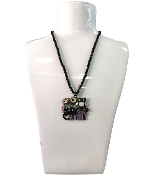 Collana Perline Nere con Ciondolo con Gatto e Gufo