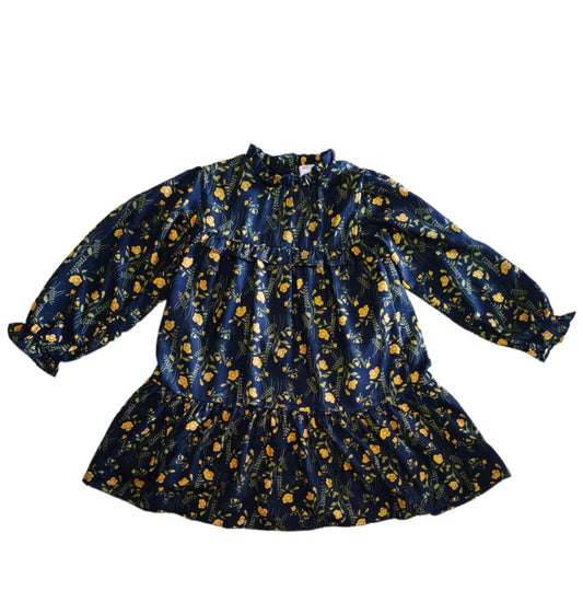 Vestito Blu a Fantasia a Fiori Blu e Gialli Manica Lunga Arricciata Ativo Kids Bambina/Ragazza 4-14 Anni