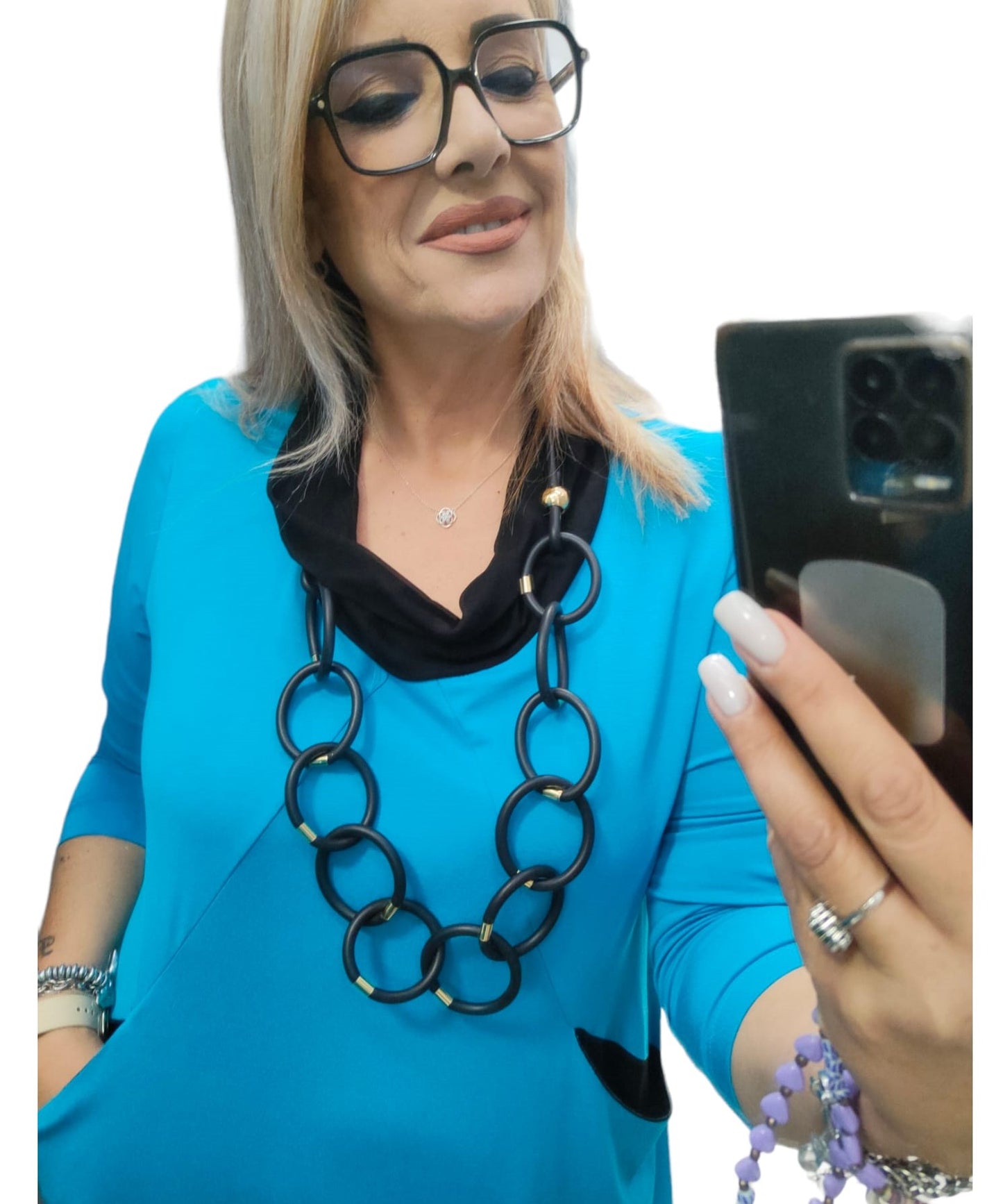 Abito Donna in Viscosa Bicolore Nero e Azzurro con Collo ad Anello e Tasche