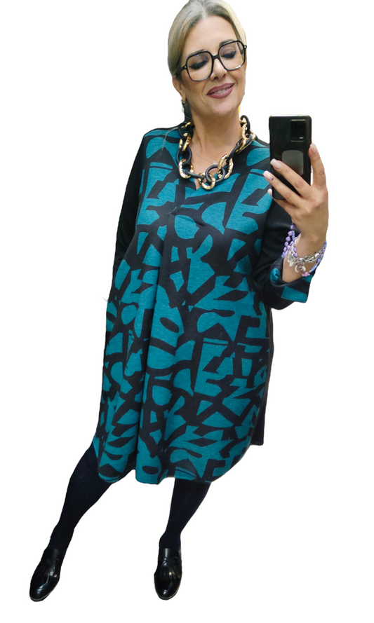 Vestito Donna in Calda Maglina Bicolore con Scollatura a V e Piega su Davanti Linea Curvy