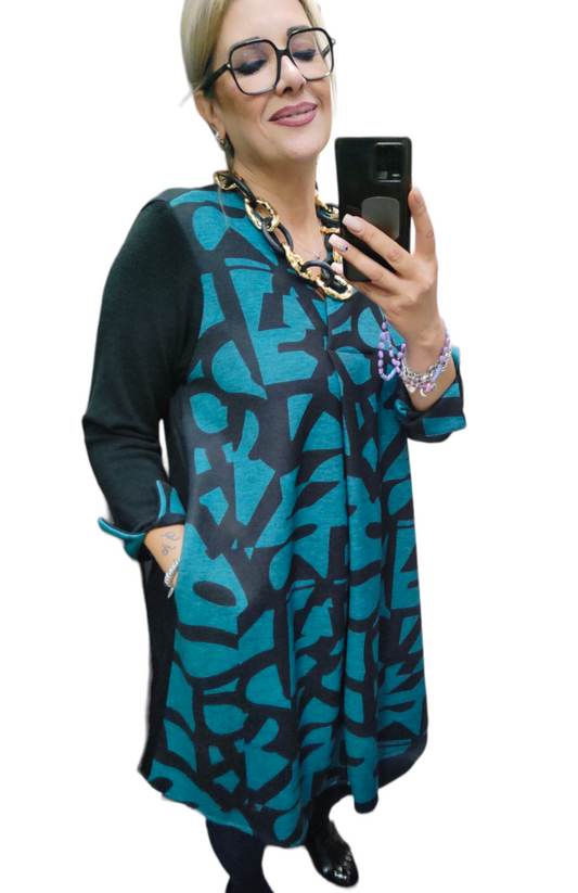 Vestito Donna in Calda Maglina Bicolore con Scollatura a V e Piega su Davanti Linea Curvy