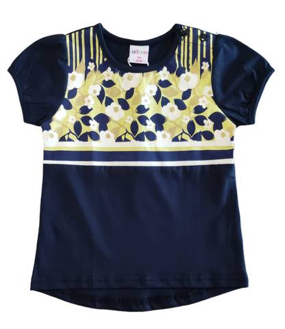 T-shirt Blu Estiva Manica Corta con Motivo Floreale Bambina 6-36 Mesi