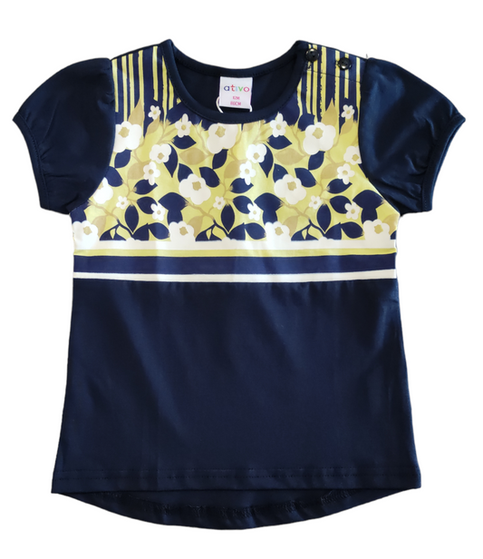 T-shirt Blu Estiva Manica Corta con Motivo Floreale Bambina 6-36 Mesi