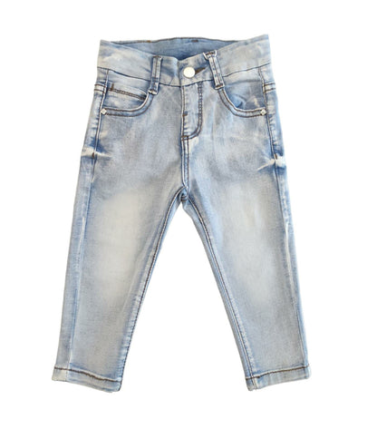 Jeans in Jersey di Cotone Chiaro Elasticizzato con Ricamo su Tasca Posteriore Bambina 12-36 Mesi