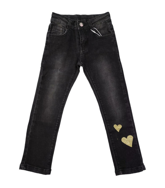 Jeans Nero Cinque Tasche con Cuoricini Glitterati Bambina 3/4 - 7/8 Anni