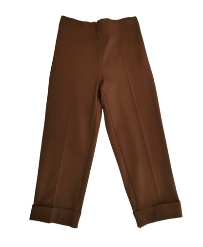 Pantalone Donna in Caldo Jersey Modello Cropped con Risvolto Alto Color Bruciato