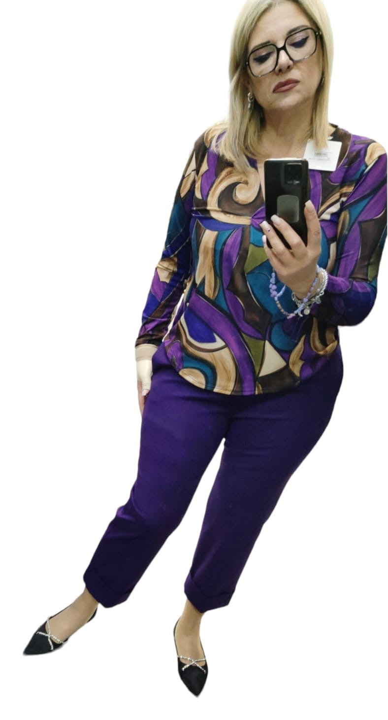 Pantalone Donna in Caldo Jersey Modello Cropped con Risvolto Alto Color Bruciato