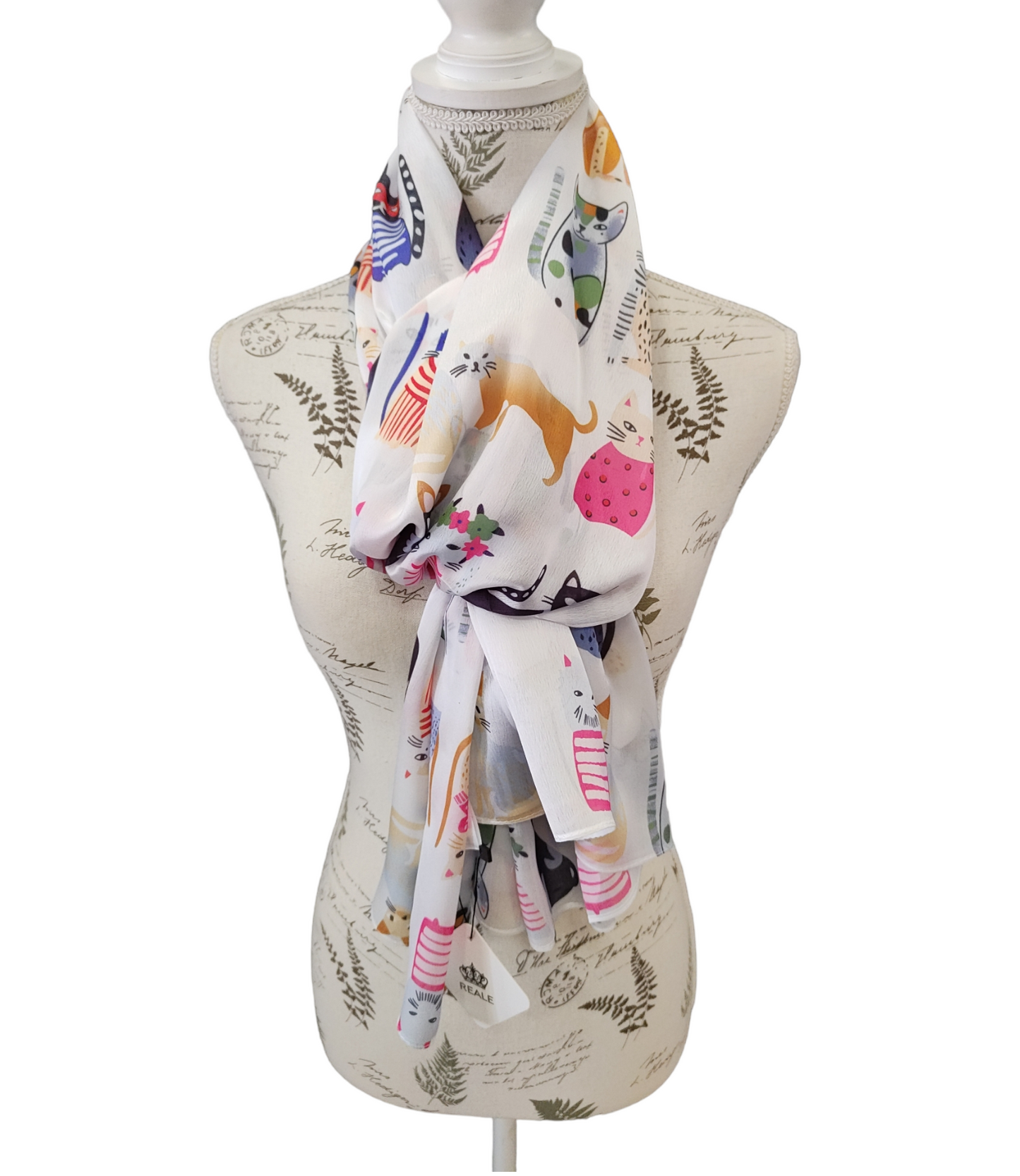 Sciarpa Donna in Seta e Viscosa Color Panna con Stampa Gattini