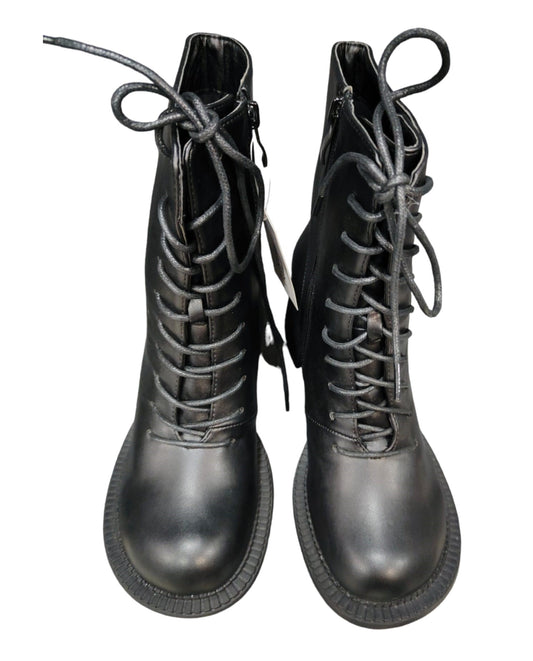Stivaletto Donna in Eco Pelle Nero con Suola in Tono Leggero Tacco Chiusura Lampo e Lacci