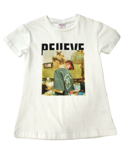 T-shirt Bianca con Stampa Believe Ragazza Bambina 4-16 Anni